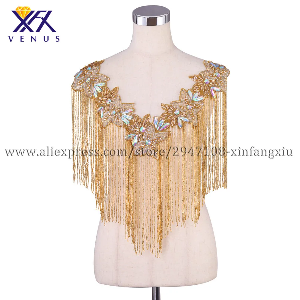 XFX VENUS Hot sale new Lady wedding embroidered crystal beaded tassels style V neck with fashion Gold beaded applique
XFX VENUS Hot sale new Lady wedding embroidered crystal beaded tassels style V neck with fashion Gold beaded applique