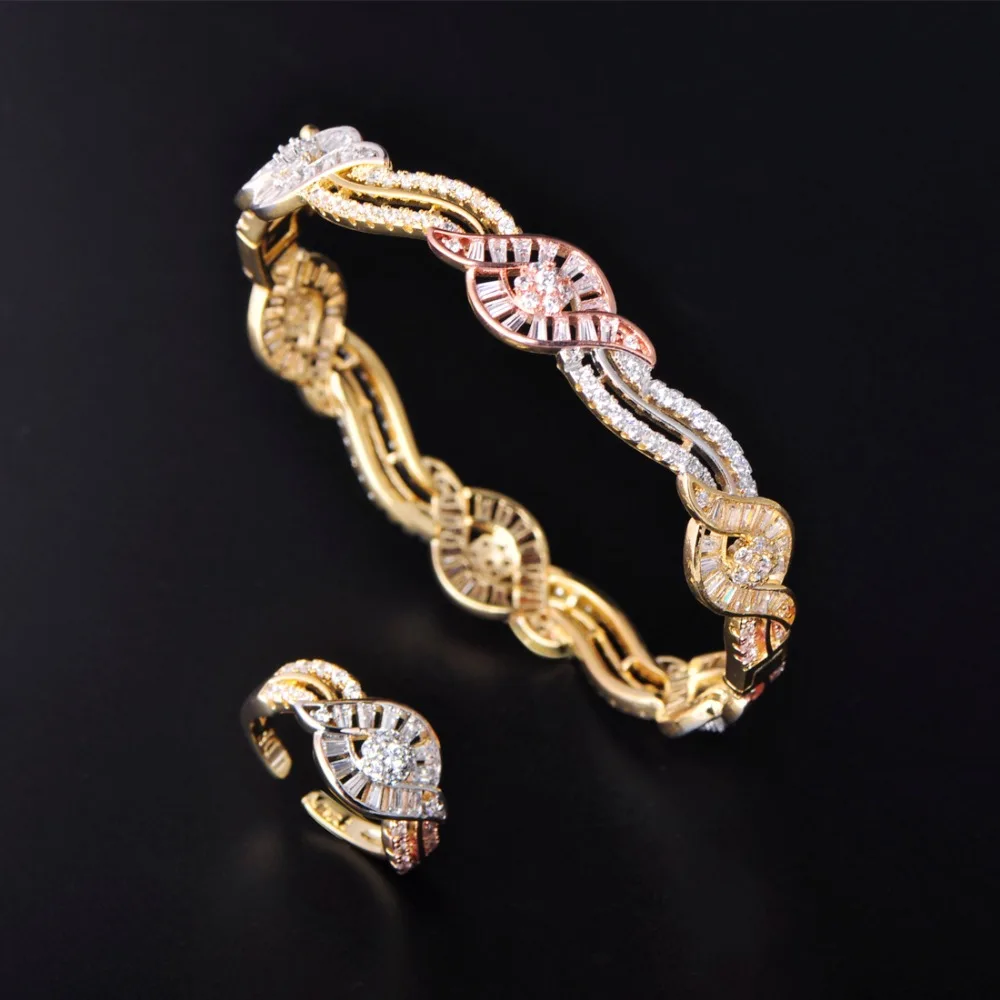 Blucome New Mix Color Jewelry Set Wave Shape Shiny Zircon Bangle Ring Set For Women Girls Party Bridal Wedding High Quality Gift
Blucome New Mix Color Jewelry Set Wave Shape Shiny Zircon Bangle Ring Set For Women Girls Party Bridal Wedding High Quality Gift