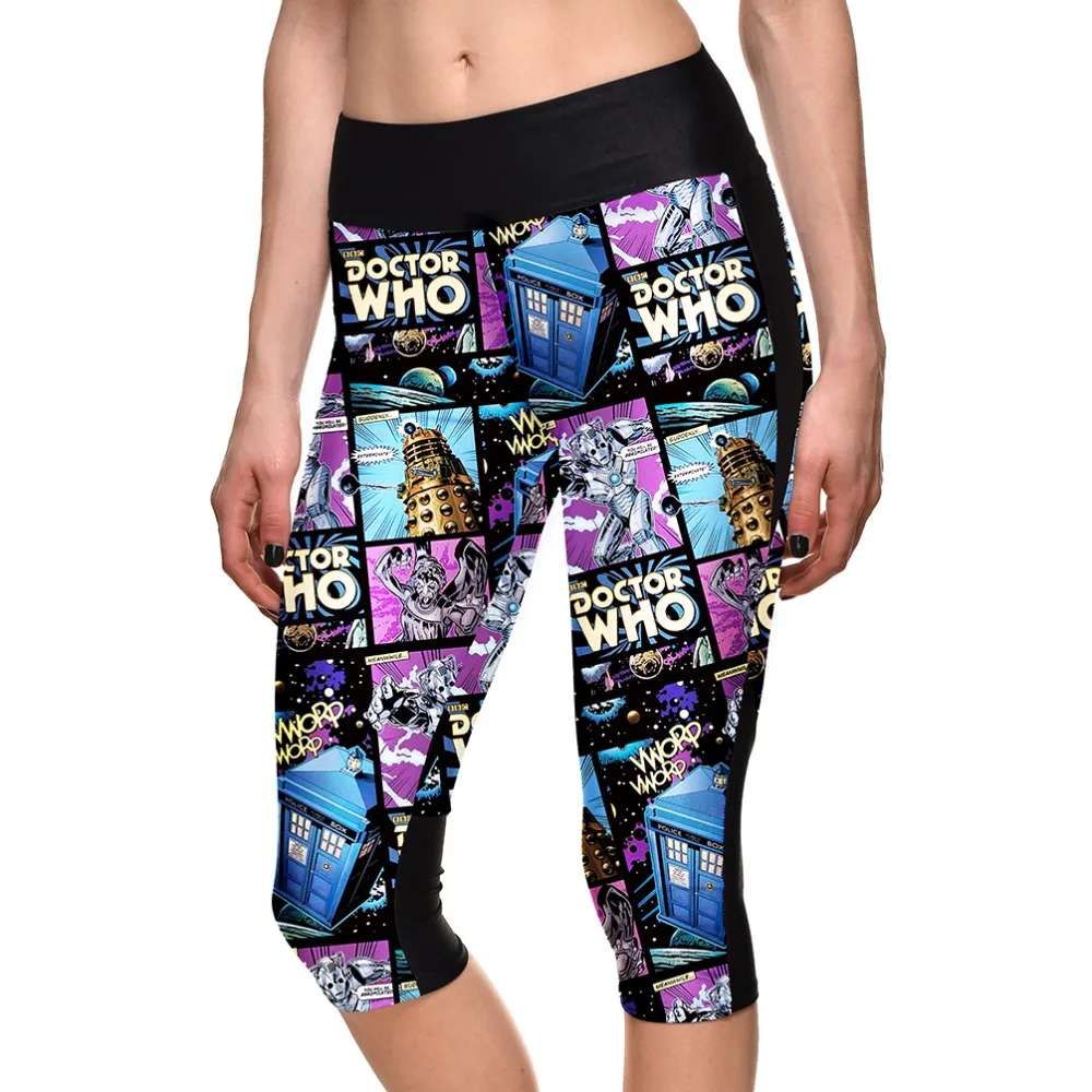 New Women Sportswear Cartoon Pattern Patchwork Digital Printing Capril Pants High Waist Breathable Elastic Force Sports Leggings | Женская