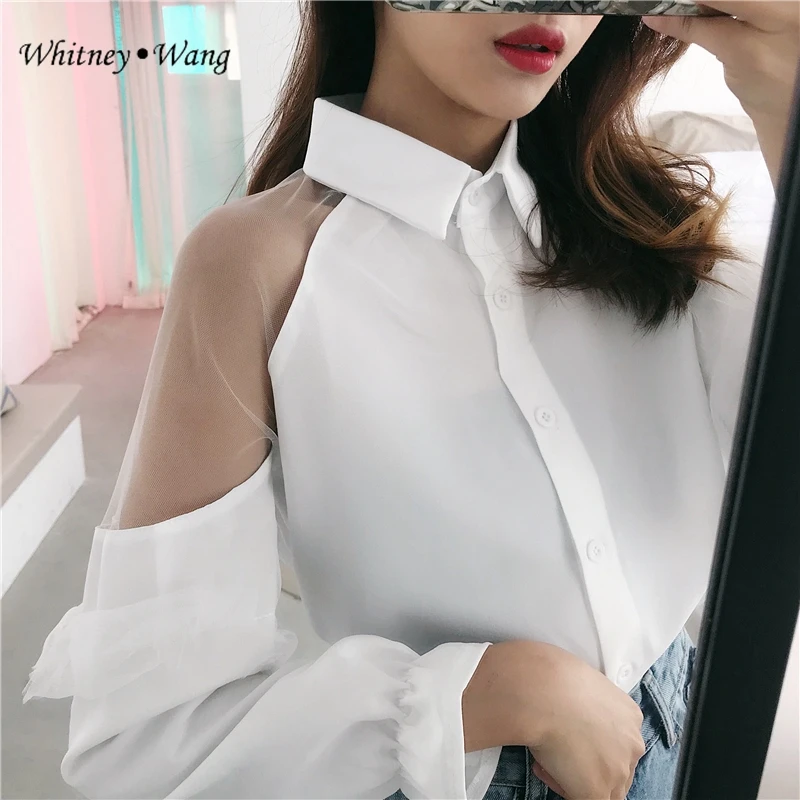 

WHITNEY WANG 2019 Spring Fashion Streetwear Sexy See Through Mesh Patchwork Blouse Women blusas Shirt Tops