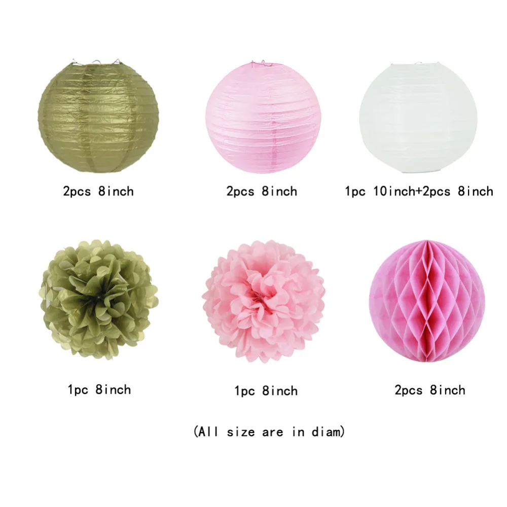 Set of 11 Gold and Pink Paper Decoration Honeycomb BallsPaper LanternsTissue Paper Pom Pom Wedding Birthday Party Decor (7)