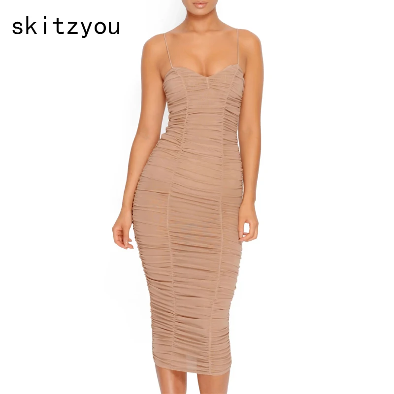 Skitzyou Лето Bodycon Midi Сетчатое платье Тонкий спинки Спагетти ремень Для женщин