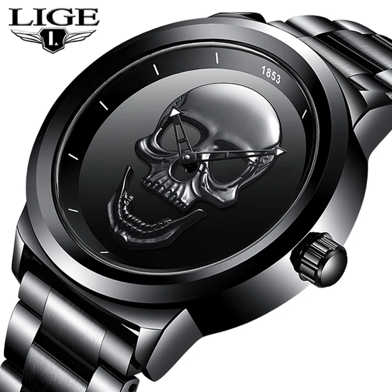 

Relogio masculino LIGE Men Skull Watch Top Brand Quartz Stainless Steel Watchs Men Fashion Business Waterproof Creative Clock