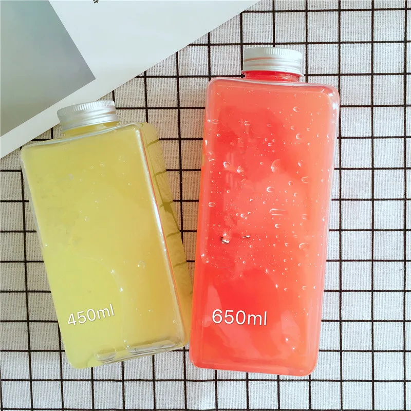 

Square Plastic Transparent Fruit Juice Beverage Bottle Coffee Milk Tea Take Away Packs 450ml 650ml 10PCS