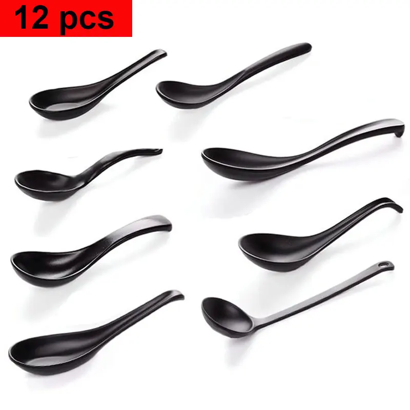 

12PCS Imitation Ceramic Chinese Melamine Ramen Soup Spoon Black Matt Plastic Spoon Ladle Buffet Restaurant Tableware Supplies