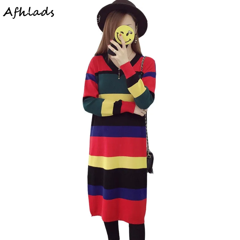 Striped Sweater Dress Women's Autumn and Winter New Korean Large Size Ladies Women Casual V Neck Knee-Length Warm Sweater Dress
Striped Sweater Dress Women's Autumn and Winter New Korean Large Size Ladies Women Casual V Neck Knee-Length Warm Sweater Dress