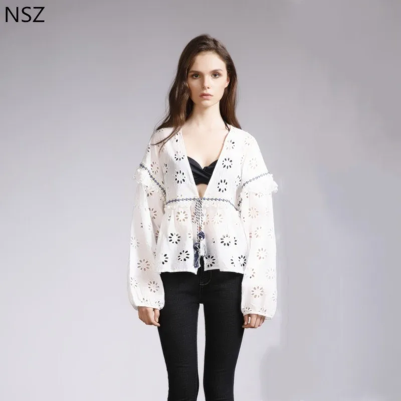 NSZ Wome's Embroidery Blouse White Cotton Hollow Out Cardigan Summer Shirt V Neck Pleated Tassel Top Blusa feminina
NSZ Wome's Embroidery Blouse White Cotton Hollow Out Cardigan Summer Shirt V Neck Pleated Tassel Top Blusa feminina