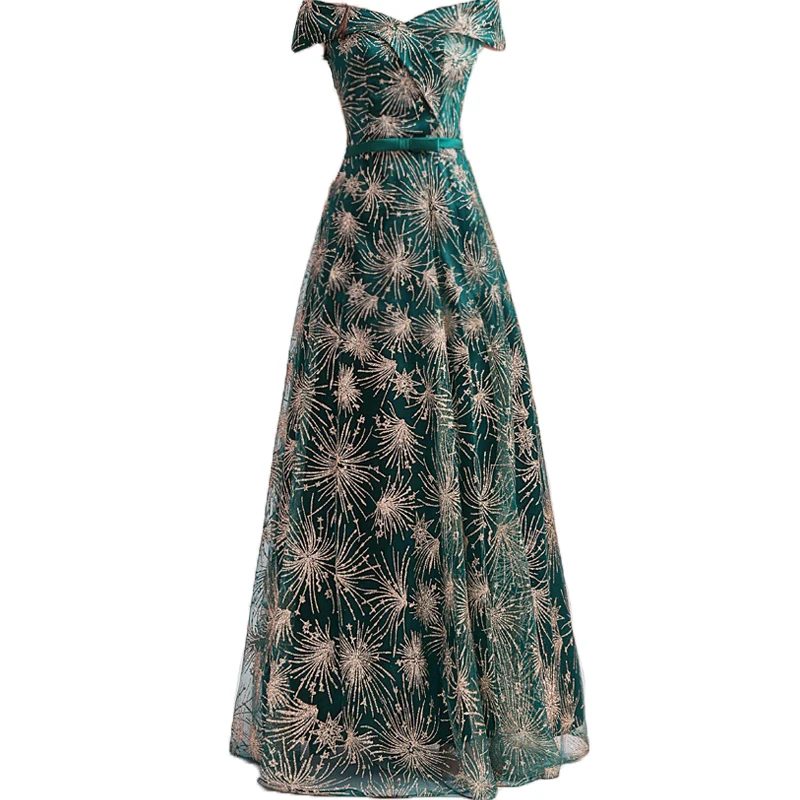 Женское вечернее платье зеленое с блестками и открытыми плечами TS1104 2019 | Свадьбы