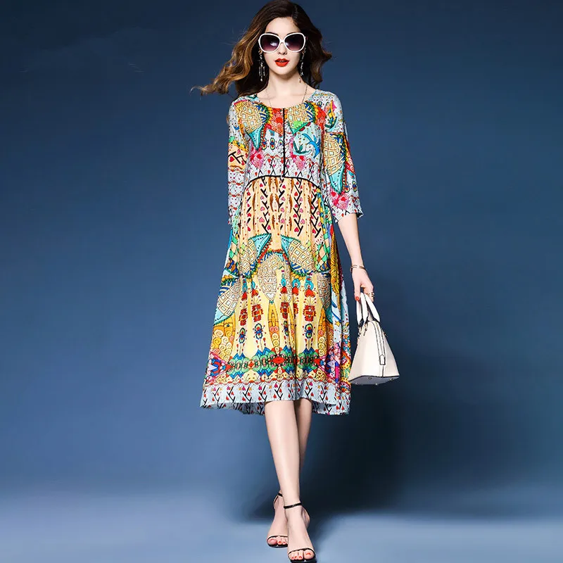 Autumn Summer Lady Elegant Multicolor Retro Print Dresses Three Quarter Sleeve High Quality Faux Silk Women Weekend Casual Dress
Autumn Summer Lady Elegant Multicolor Retro Print Dresses Three Quarter Sleeve High Quality Faux Silk Women Weekend Casual Dress