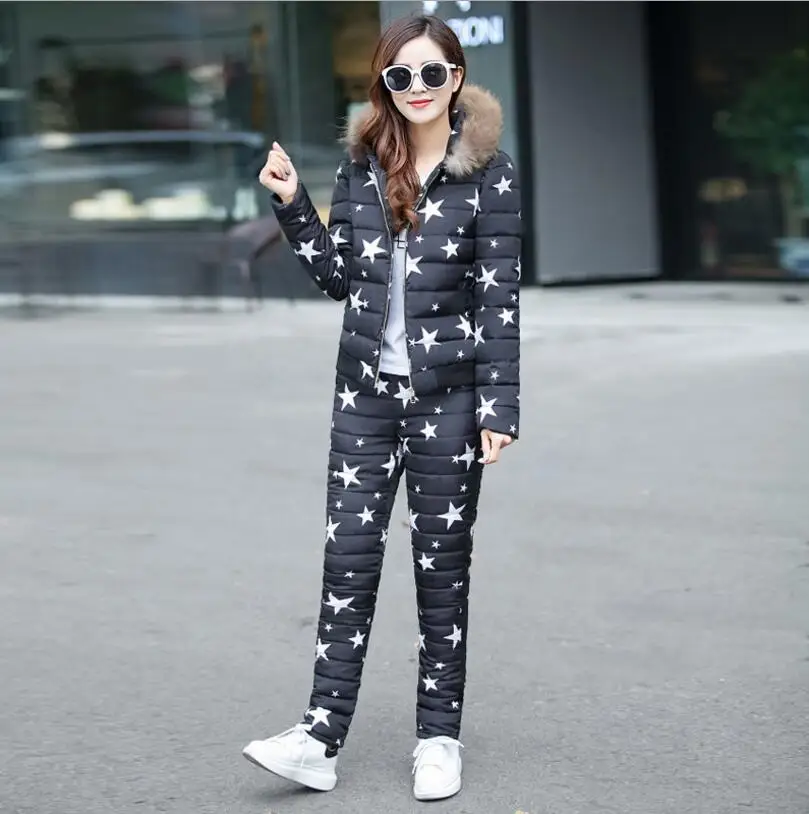 Women Winter Down Cotton Jacket Suit fashion Hooded Fur collar Coat Warm Casual Pants Two piece Set Slim Female Outerwear q29
Women Winter Down Cotton Jacket Suit fashion Hooded Fur collar Coat Warm Casual Pants Two piece Set Slim Female Outerwear q29
