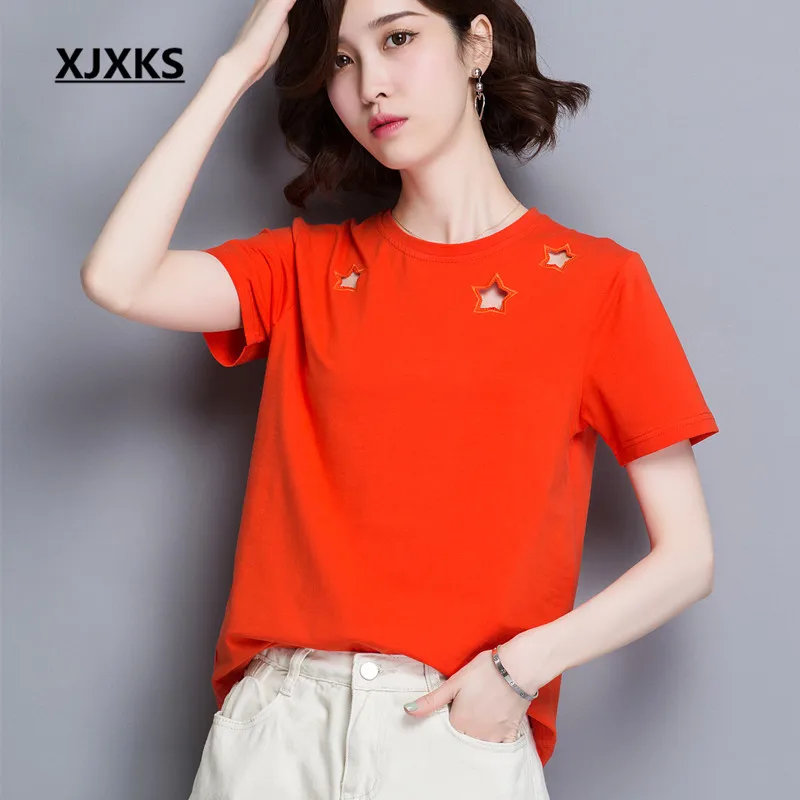 XJXKS Women's short-sleeved T-shirt 2019 summer new fashion hollow high quality comfortable 100% cotton women's T-shirt top
XJXKS Women's short-sleeved T-shirt 2019 summer new fashion hollow high quality comfortable 100% cotton women's T-shirt top