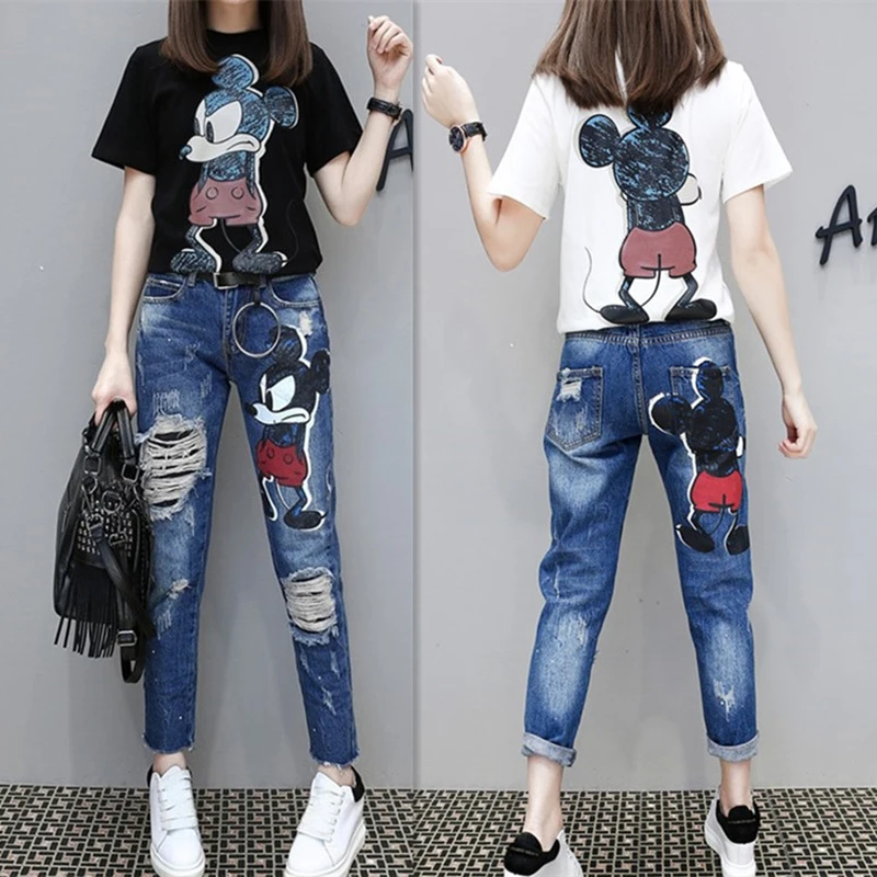 women New spring summer casual 2-piece set Women fashion cartoon Mickey pattern T-shirt + hole slimming nine points jeans suit
women New spring summer casual 2-piece set Women fashion cartoon Mickey pattern T-shirt + hole slimming nine points jeans suit