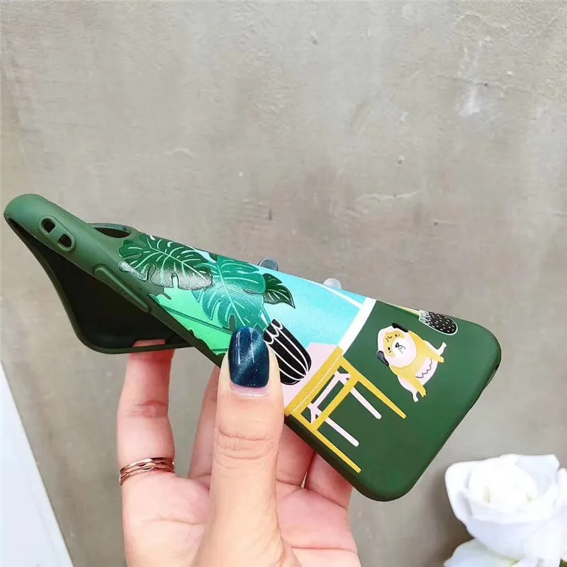 LUDI Cute Cartoon Dog Cactus Phone Case for iPhone 7 7Plus Simple Letters Green Leaves Soft Phone Bags for iPhone X 6 6S 8 Plus 07