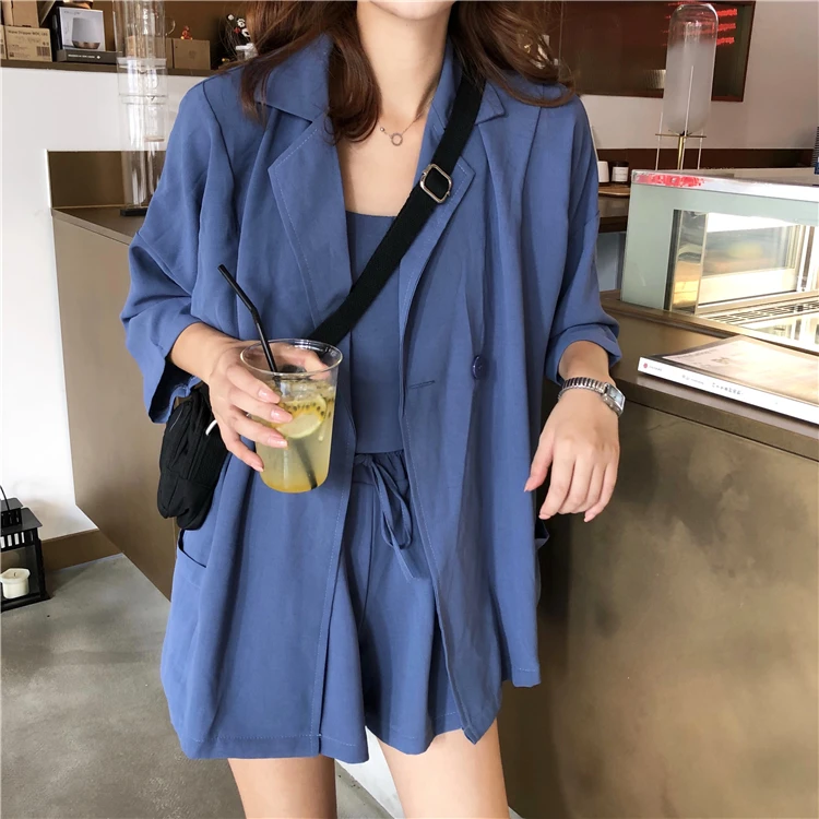 Three 3 Piece Set Women Tops and Blouses Coats 2019 Spring Summer Korean Spaghetti Strap Blusas Short Pants Casual Coat Vestidos
Three 3 Piece Set Women Tops and Blouses Coats 2019 Spring Summer Korean Spaghetti Strap Blusas Short Pants Casual Coat Vestidos