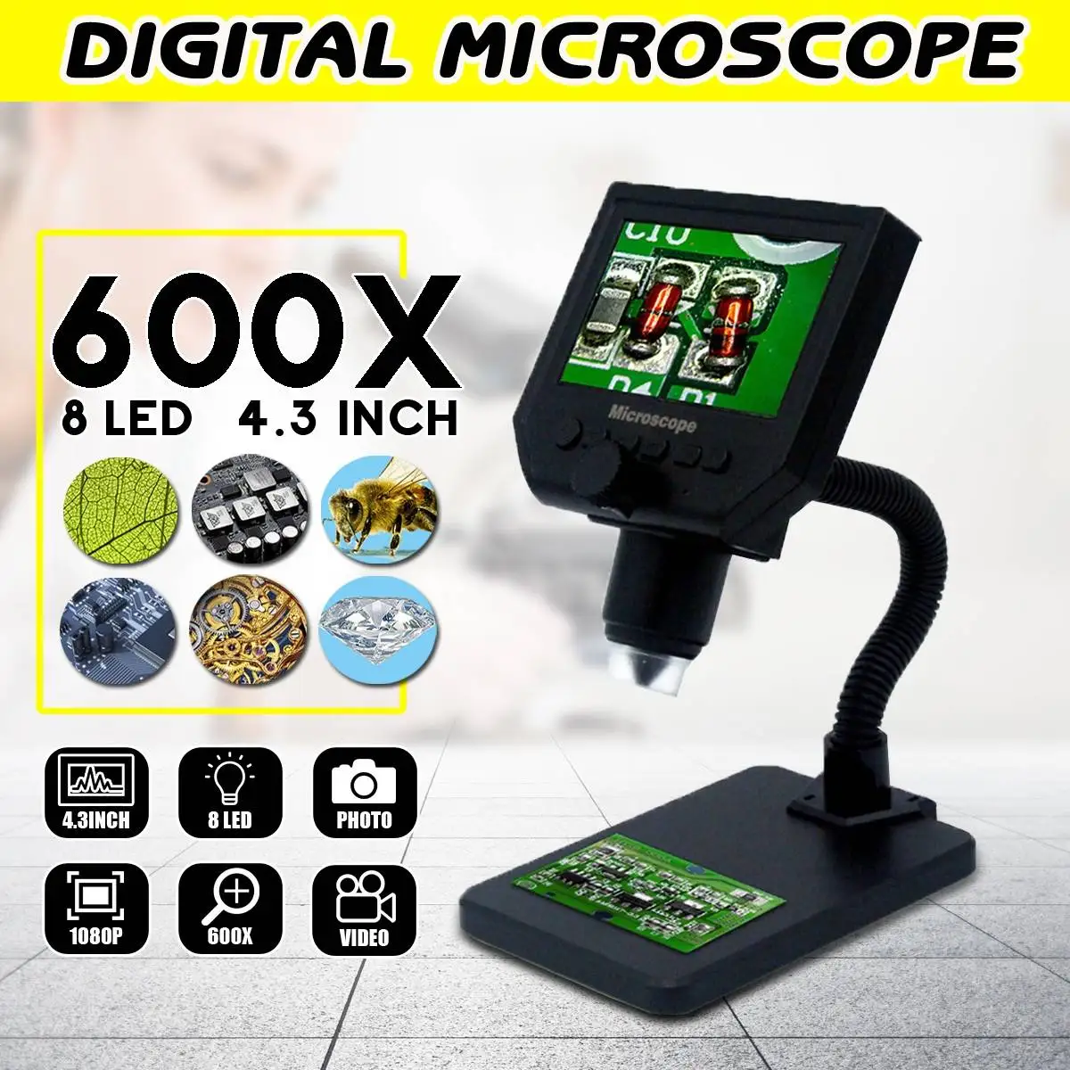 600X Digital Microscope Electronic LCD Digital Microscope With High Brightness 8 LEDs Phone Repair Magnifier + Metal Stand
600X Digital Microscope Electronic LCD Digital Microscope With High Brightness 8 LEDs Phone Repair Magnifier + Metal Stand