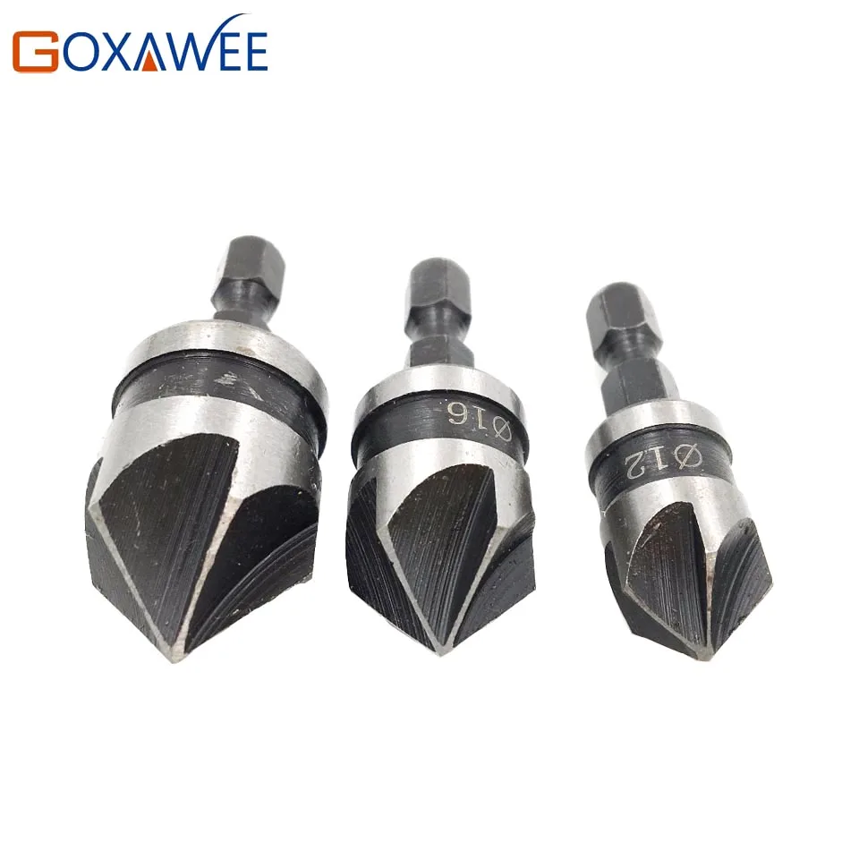 Фото GOXAWEE 3pc 5 Flute 90 Degree 1/4'' Hex Shank Countersink Drill Bits Set For Power Tool Rotary Tools Metal Woodworking Bit |