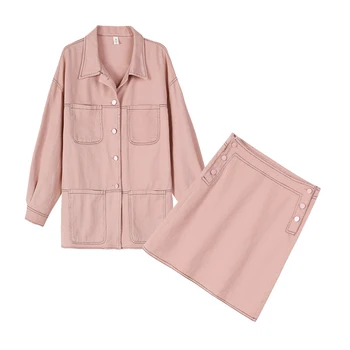 2018 New Spring Autumn Fashion Women's Sets Medium-long Long Sleeve Denim Jackets + Short Pink A-line Skirts Female Suits