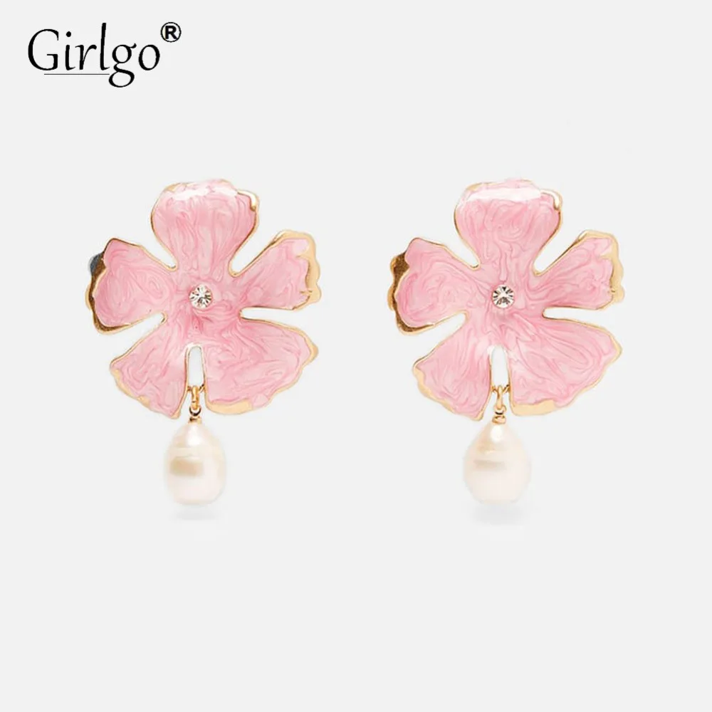 

Girlgo ZA New Arrival Flower Drop Earrings for Women Trendy Simulated Pearl Hanging Statement Jewelry Wedding Party Wholesale