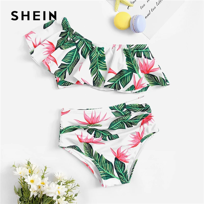 

SHEIN Kiddie Girls Random Tropical One Shoulder Crop Top With Ruched Bikini Kids Swimsuit 2019 Summer High Waist Casual Swimwear
