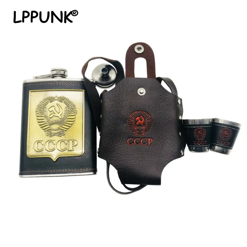 

LPPUNK Bpa Free Mini 8oz Whisky Flagon cccp Stainless steel Pu Leather Vodka Cups Alcohol Funnel Hip Flask Set With CCCP Bag
