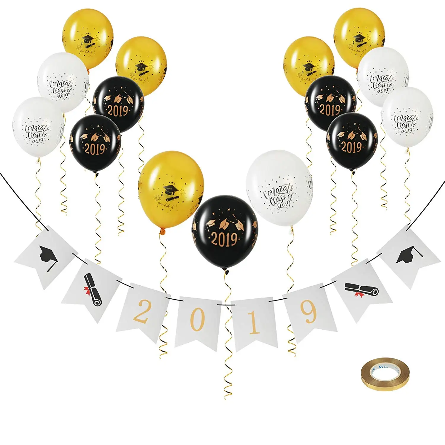 

METABLE 1SET 2019 Graduation Banner Graduate Celebration Bunting Garland Grad Pennant Flags with 15 Pcs Latex Balloons