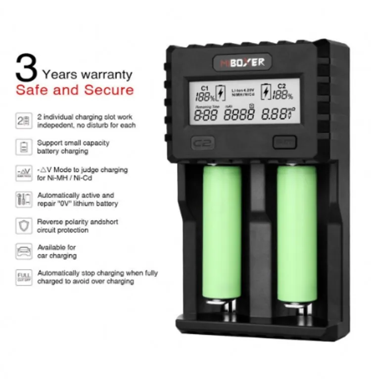 

Miboxer C2 3000 Battery Charger 1.5A/slot 2-Slot LCD Screen with US Wall Charger Cable for Li-ion/IMR/INR/ICR/Ni-MH/Ni-Cd 18650