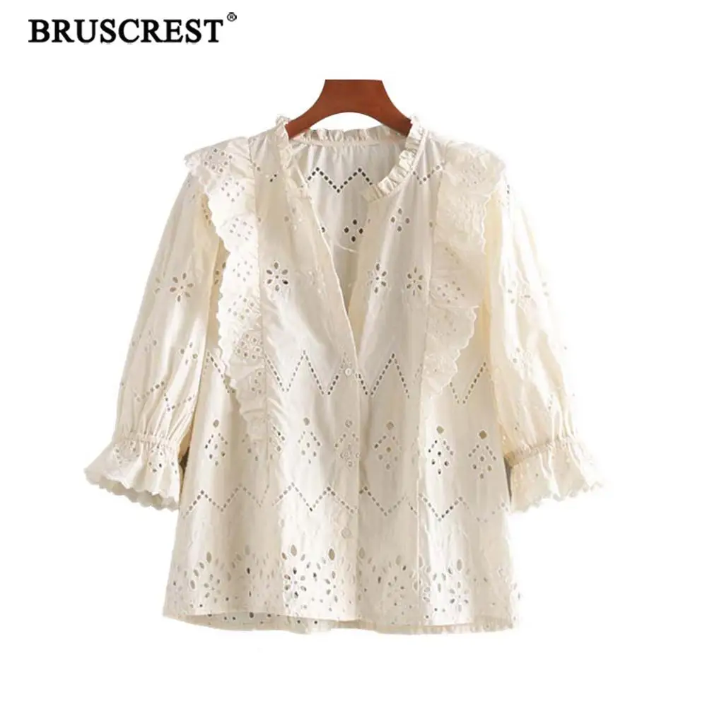 Summer sweet sexy V neck ruffls blouse women shirts casual three quarter sleeve elegant hollow out embroidery ladies tops blusas
Summer sweet sexy V neck ruffls blouse women shirts casual three quarter sleeve elegant hollow out embroidery ladies tops blusas