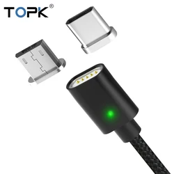 TOPK F-Line1 Магнитный кабель светодиодный индикатор usb type C кабель и Micro USB кабель адаптер нейлоновый Плетеный Синхронизация данных магнитное зар...