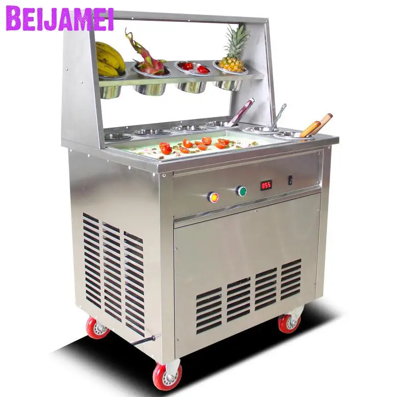 

BEIJAMEI Hot Sale Square Pan Commercial Thailand fried ice cream machine 110v 220v fried ice cream roll machine with 10 barrels