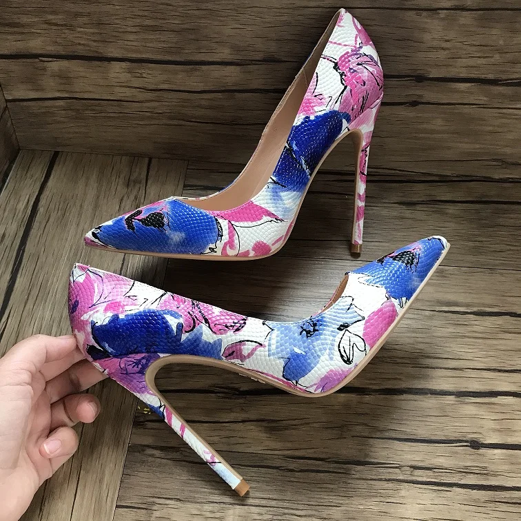 

New fashion bridal wedding shoes 10cm flower print slip on pumps 12cm thin high heels party dress shoes woman 8cm