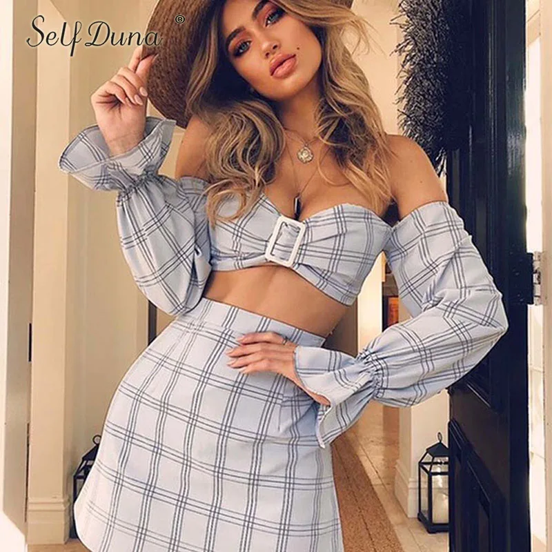 Self Duna 2018 Summer Crop Top And Skirt Set Long Sleeve Sexy Off Shoulder Top Vintage Plaid Short Skirt Women 2 Piece Set
Self Duna 2018 Summer Crop Top And Skirt Set Long Sleeve Sexy Off Shoulder Top Vintage Plaid Short Skirt Women 2 Piece Set