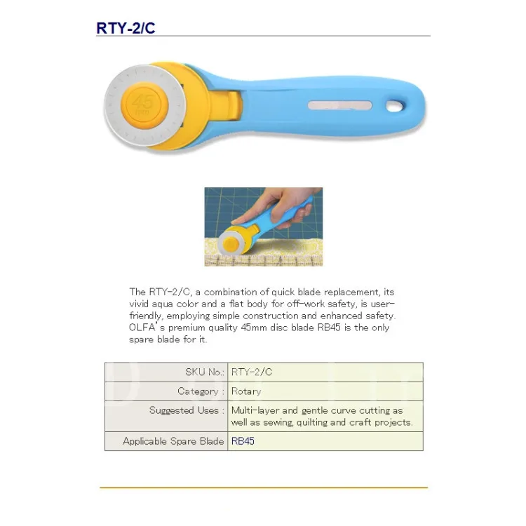 Airlfa brand for Genuine Japan OLFA RTY-2 / C Rotary Tailoring 45mm round knife (Patchwork) hob new color
Airlfa brand for Genuine Japan OLFA RTY-2 / C Rotary Tailoring 45mm round knife (Patchwork) hob new color