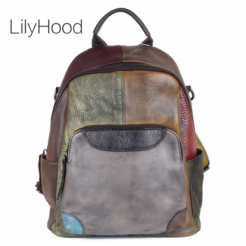 Handmade Natural Brushed-off Leather Backpack Women Vintage Genuine Leather Patchwork Packsack Back To School Female Casual Bag 
Handmade Natural Brushed-off Leather Backpack Women Vintage Genuine Leather Patchwork Packsack Back To School Female Casual Bag