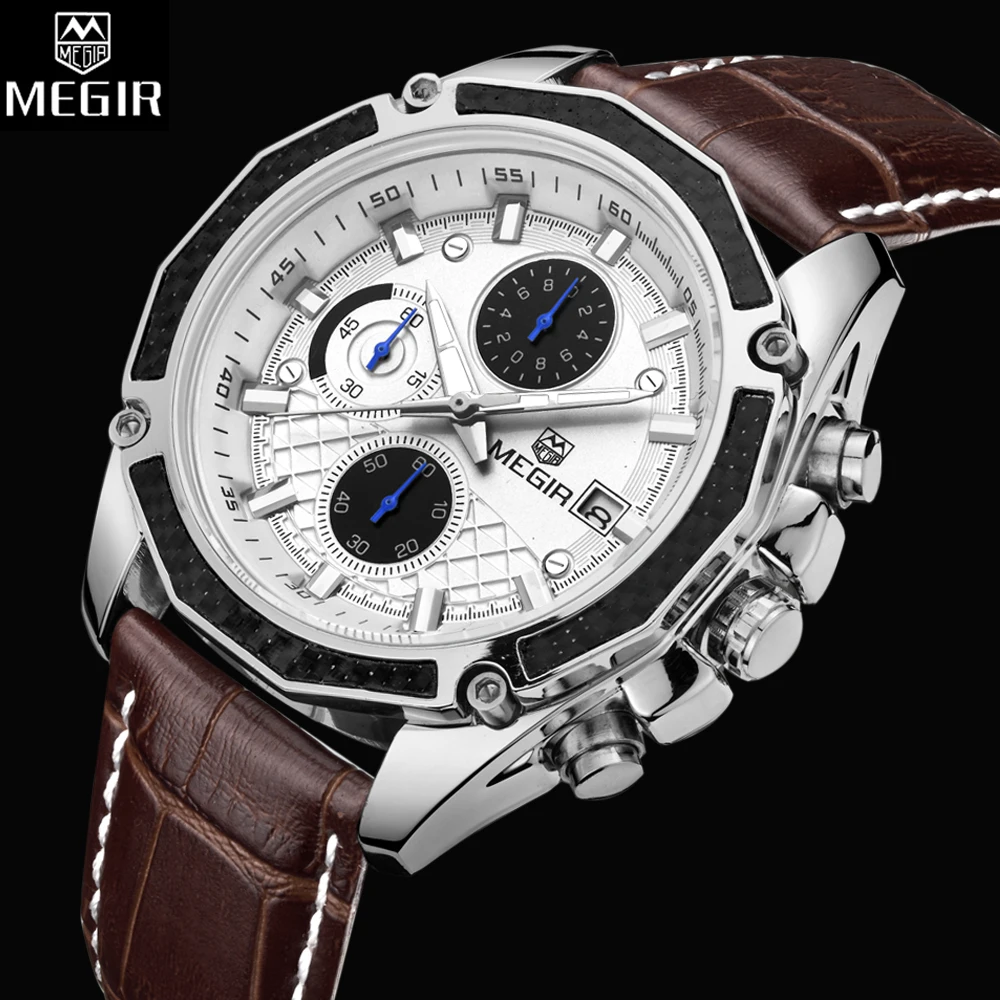 MEGIR официальные мужские часы модные с хронографом из натуральной кожи для нежных