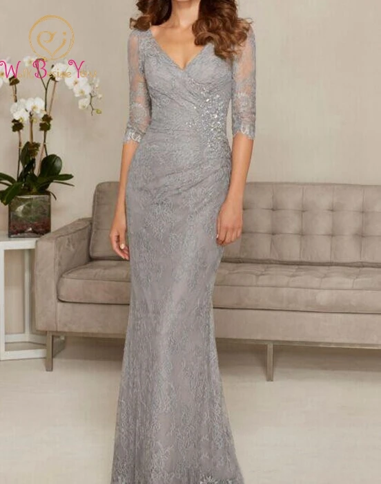 Silver Lace Mother of the Bride Dresses Mermaid Three Quarter Sleeves V-neck Sweep Train Floor Length Formal Gown For Wedding
Silver Lace Mother of the Bride Dresses Mermaid Three Quarter Sleeves V-neck Sweep Train Floor Length Formal Gown For Wedding
