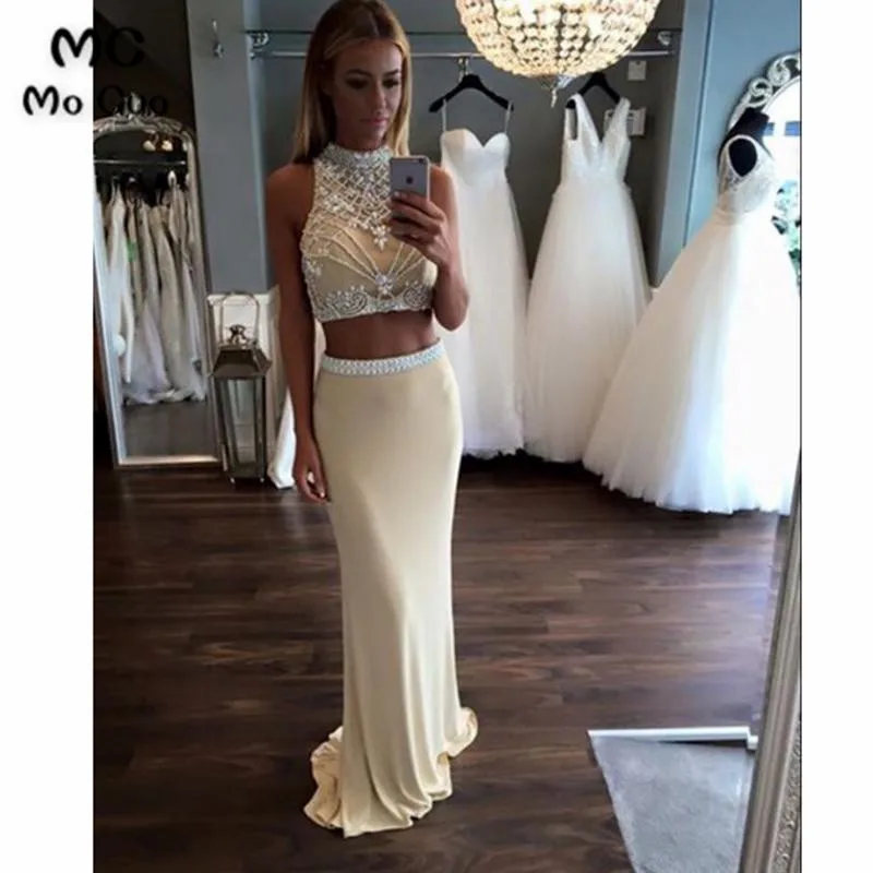 Halter Beading Two Pieces Prom Dress Fitted Girls Formal Gown Pageant Dress 2018