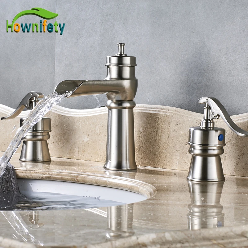 Contemporary Dual Handles Basin Sink Faucet Three Hole Bathroom Mixer Faucet Brushed Nickle Finish