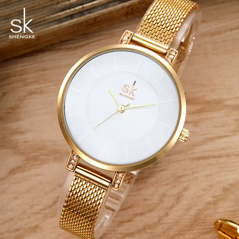 shengke luxury stainless steel watches women clock ladies gold