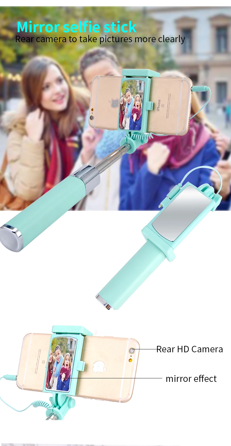 HOTR Mirror Selfie Stick Monopod Premium Quality Wired Selfie Stick Extendable for iPhone 6 Plus 5 5s 4s For Samsung S8 plus s7