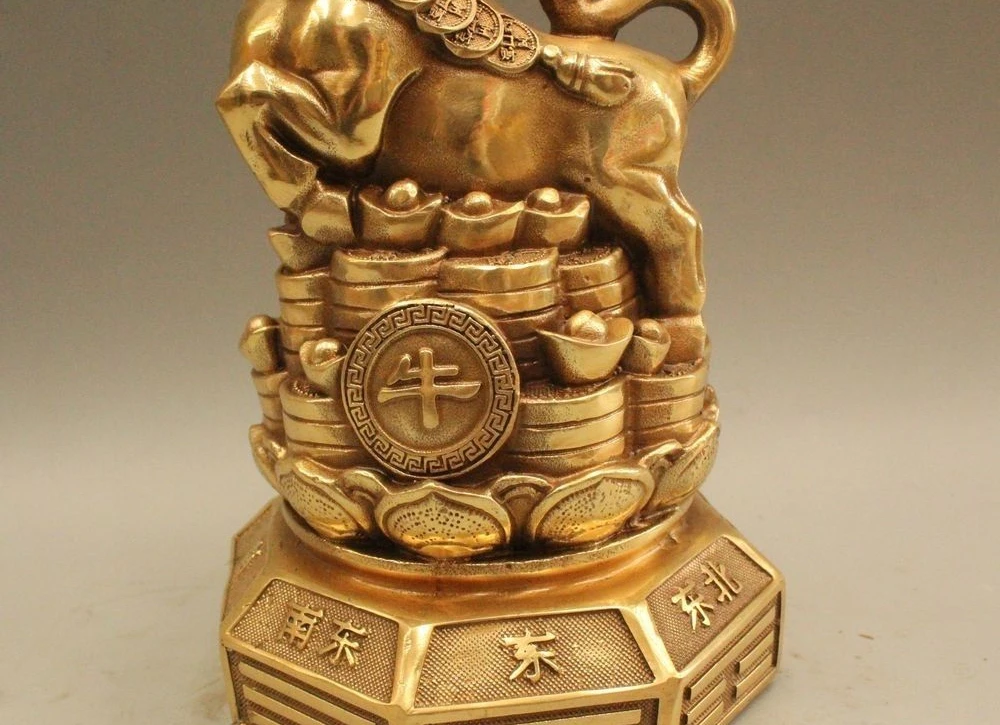 8" Chinese Folk Brass Wealth Zodiac Year Bull Oxen Coin Yuan Bao Money Statue