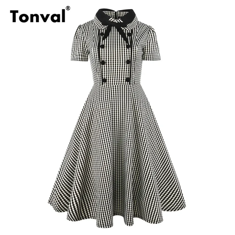 Tonval Vintage Little Plaid Casual Dress Women Peter pan Collar Bow Neck Retro Dress Elegant Office Lady Summer Dresses
Tonval Vintage Little Plaid Casual Dress Women Peter pan Collar Bow Neck Retro Dress Elegant Office Lady Summer Dresses