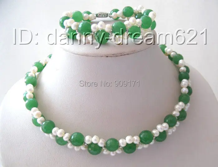 Free Shipping>>wonderful white freshwater pearls &green stone necklace a set 
Free Shipping>>wonderful white freshwater pearls &green stone necklace a set