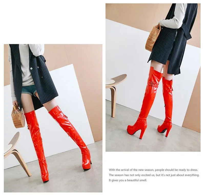Autumn Winter Patent Leather Over The Knee Boots Big Size 43 Platform Women's Boots 12cm High-heeled Pole Dance Thigh High Boots (6)
