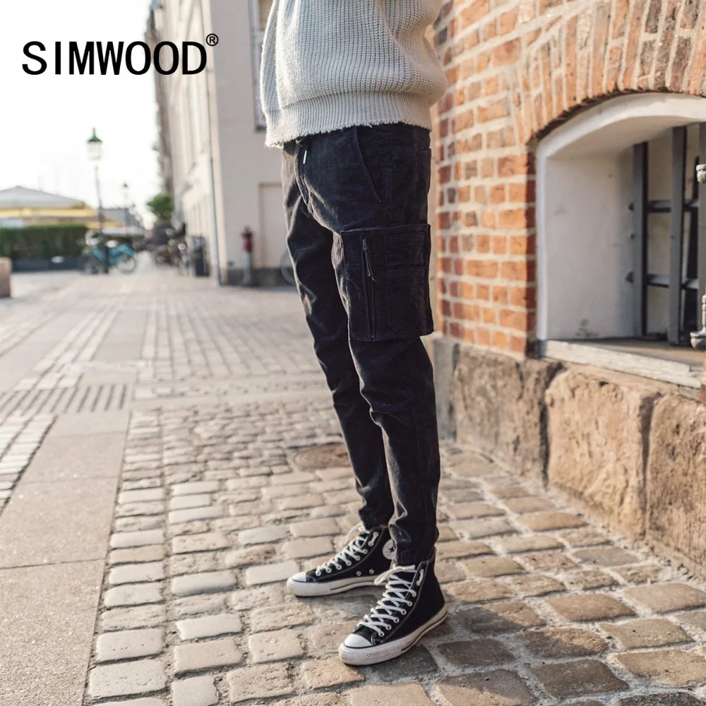 

SIMWOOD Brand Casual Men Cargo Pants 2018 Winter Long Thick Corduroy Pants Men Skinny Trouser Cotton Plus Size Sweatpants 180455