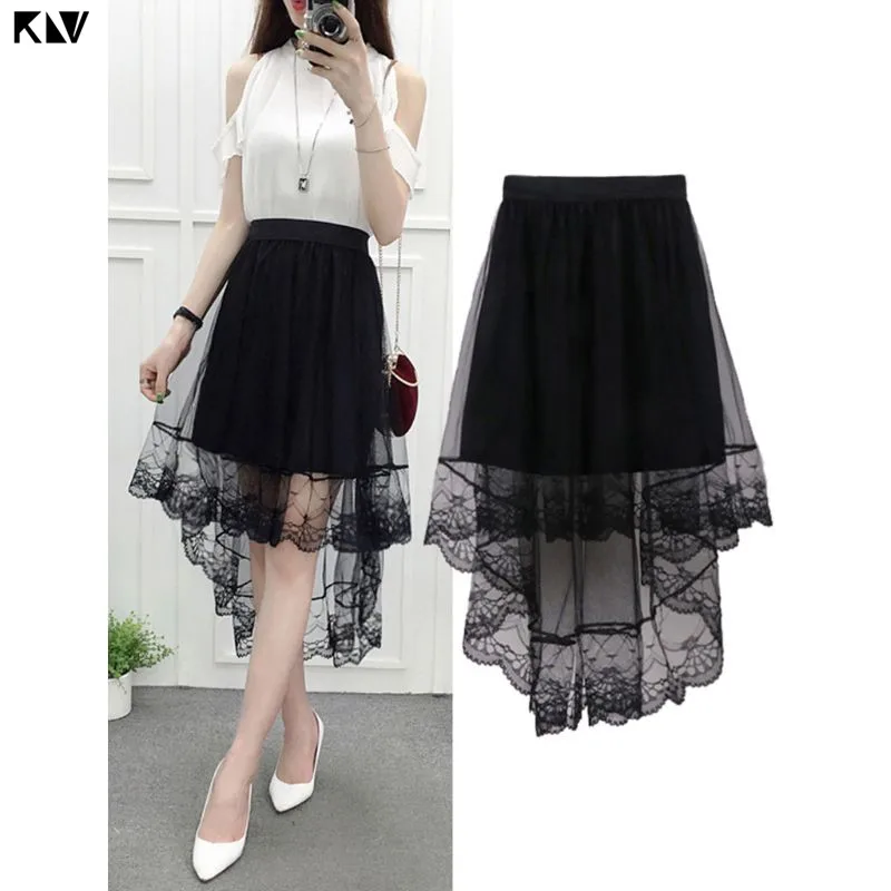 

KLV Women Summer High Waist Layered Sheer Mesh Swallowtail Midi Long Skirt Asymmetric Scalloped Lace Hem Pleated Party Skirt