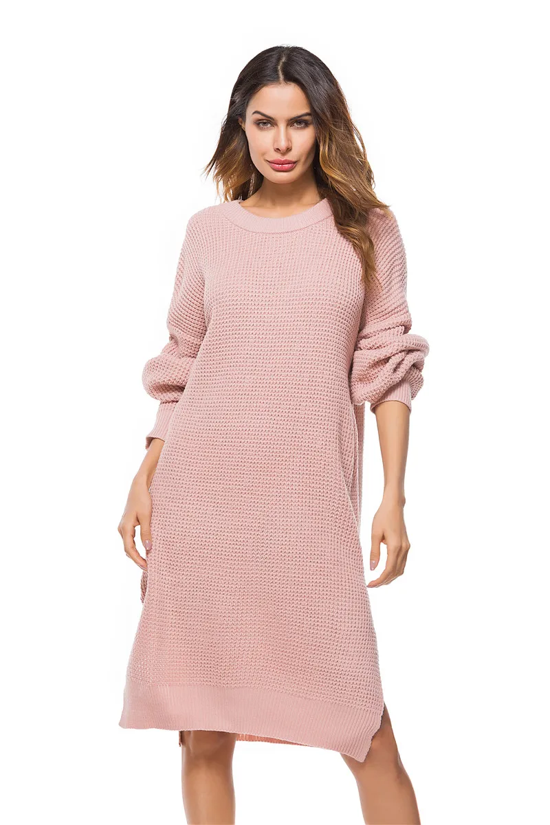 2018 spring new European and American large size women's knit dress loose long knit sweater women (27)