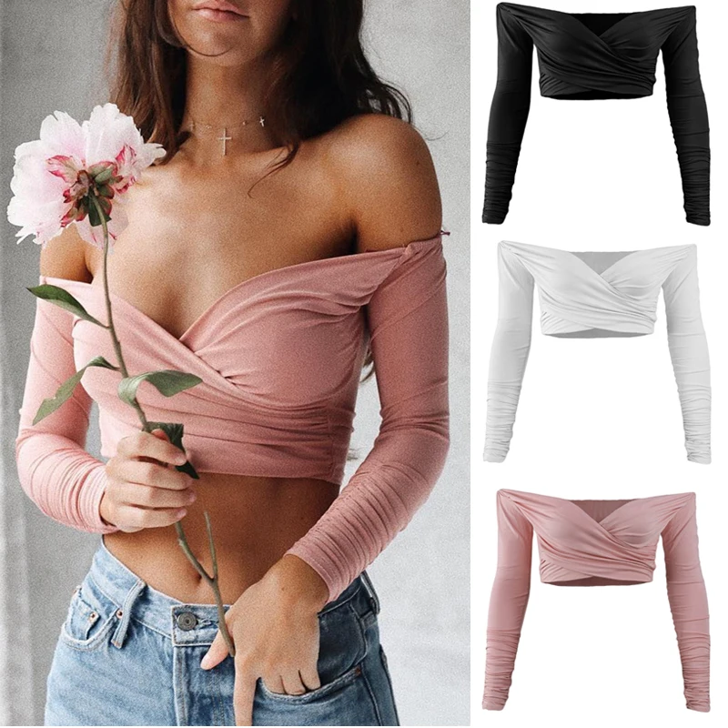 FUNOC New 2017 Summer Cotton T Shirt Women Fashion Tshirt Solid T-shirt Loose Casual Long Sleeve Shirt Off Shoulder Tees aeProduct.getSubject()