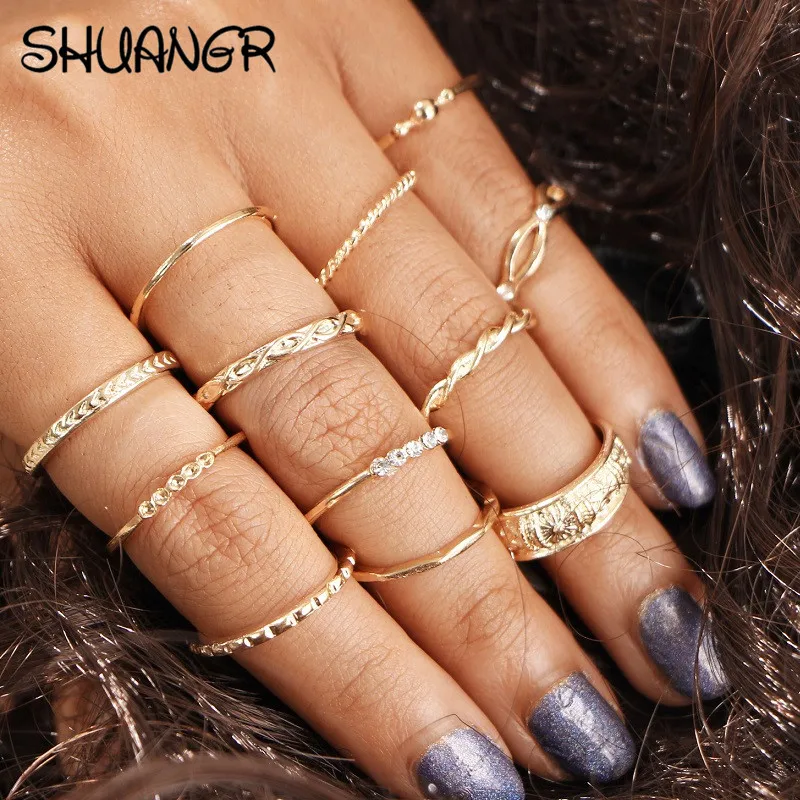 SHUANGR 12 Pcs Boho Vintage Punk Crystal Gold Color Finger Midi Rings For Women /Men Bohemian Ring Set Jewelry Anillos
SHUANGR 12 Pcs Boho Vintage Punk Crystal Gold Color Finger Midi Rings For Women /Men Bohemian Ring Set Jewelry Anillos
