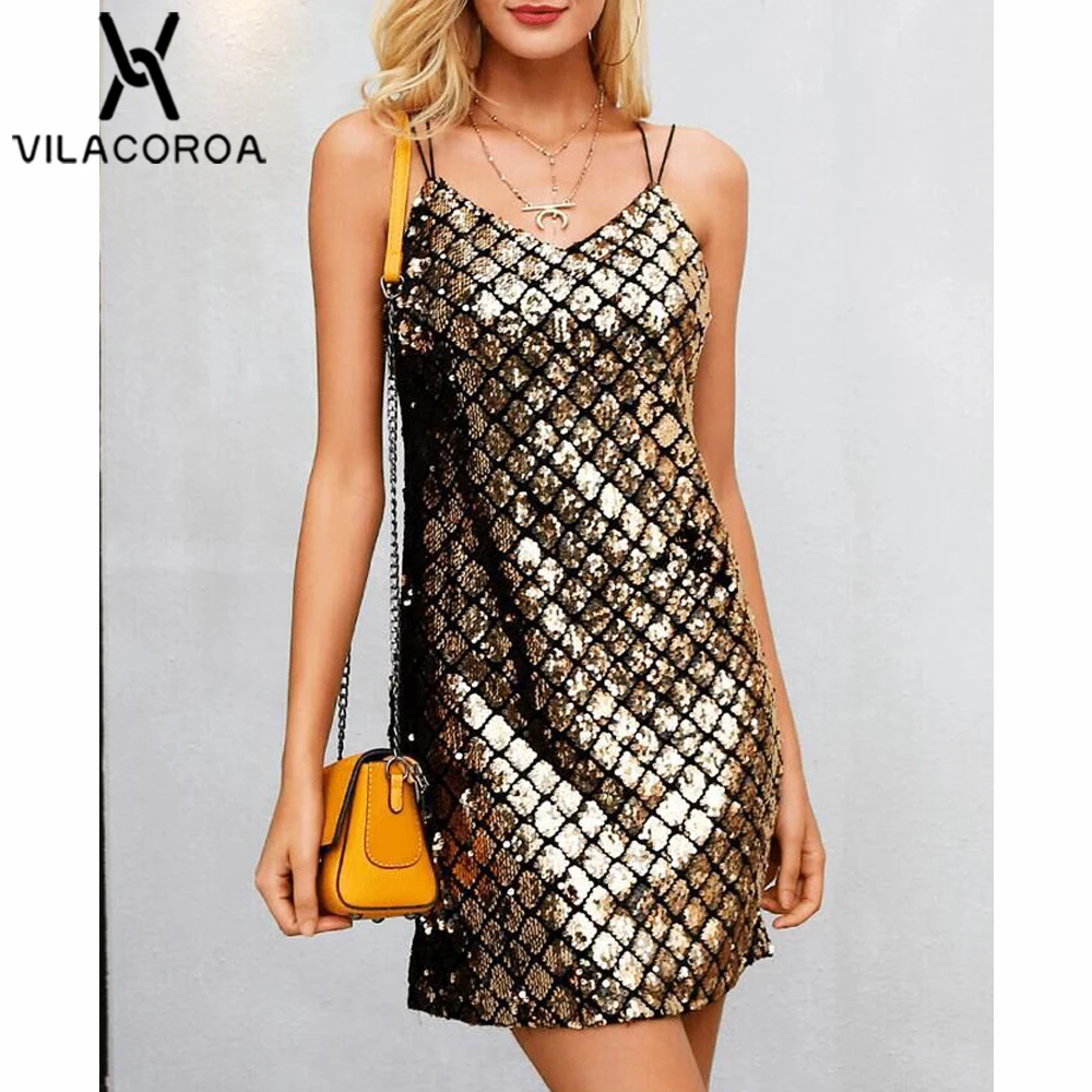 Fashion Sexy A-Line Party Dress Champagne Sleeveless Camis Mini Dress For Women Vestidos Sequin V-Neck Loose Female robe femme
Fashion Sexy A-Line Party Dress Champagne Sleeveless Camis Mini Dress For Women Vestidos Sequin V-Neck Loose Female robe femme