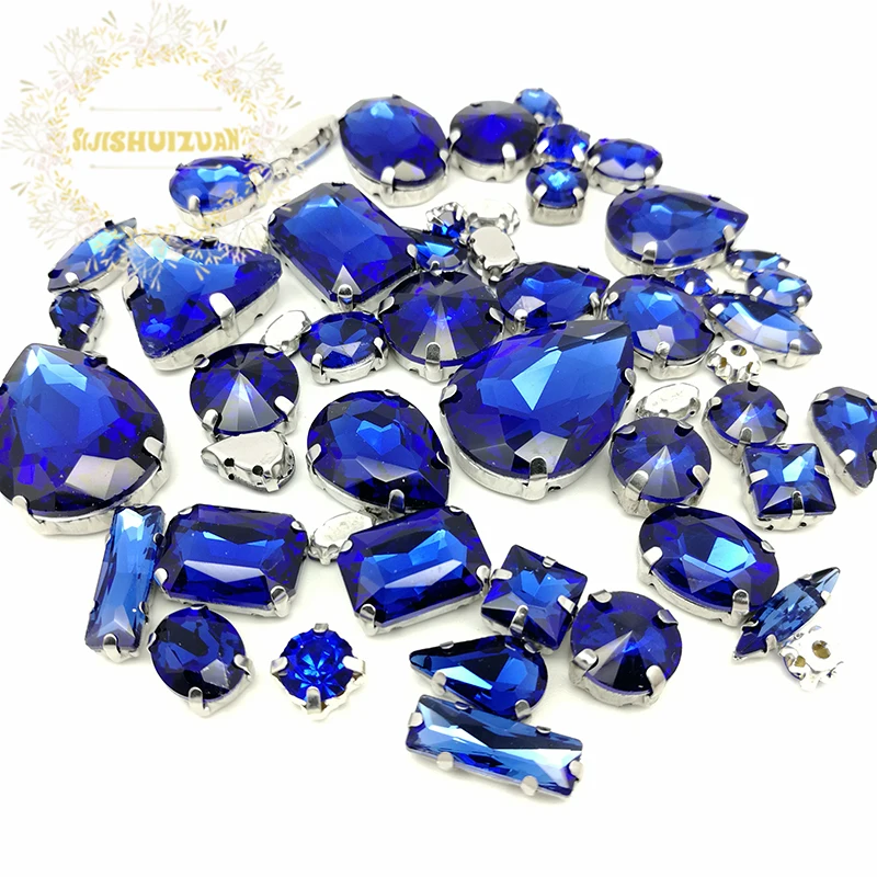 

Promotions!! MIX Sapphire blue Size Crystal Glass Sew-on Rhinestones Bottom DIY Women's Dresses and Shoes 52pcs 23sizes 10shapes